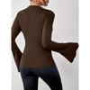Women's Fall/winter Versatile Shirred Design Flared Sleeve Stand-up Collar Slim T-shirt
