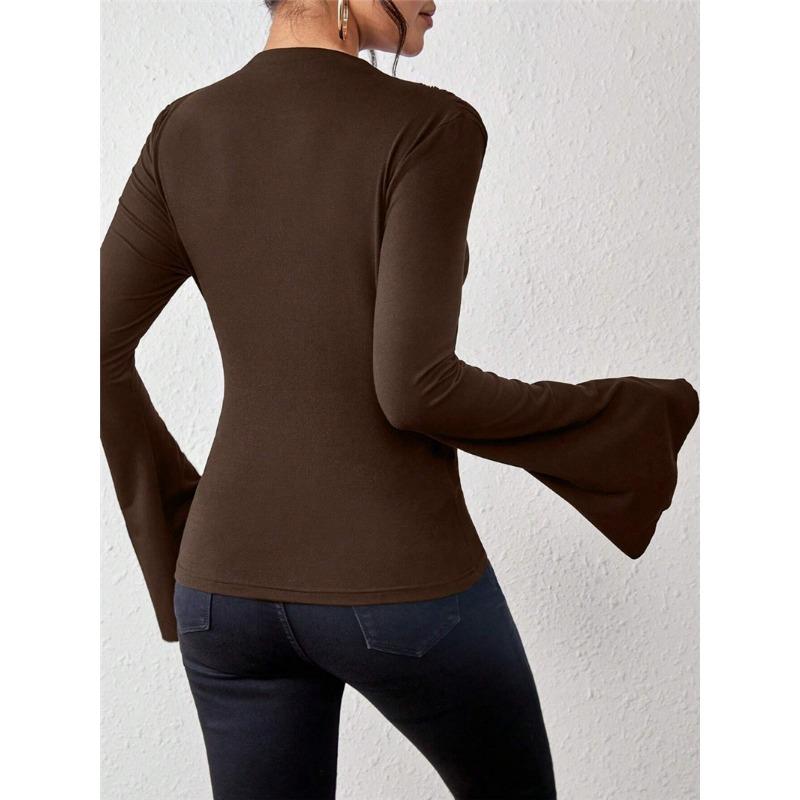 Women's Fall/winter Versatile Shirred Design Flared Sleeve Stand-up Collar Slim T-shirt
