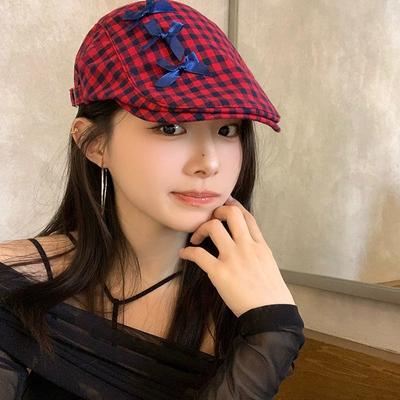 Original Bow Design Berets for Women Summer Autumn Casual Versatile College Style Sweet Contrasting Color Plaid Forward Hats