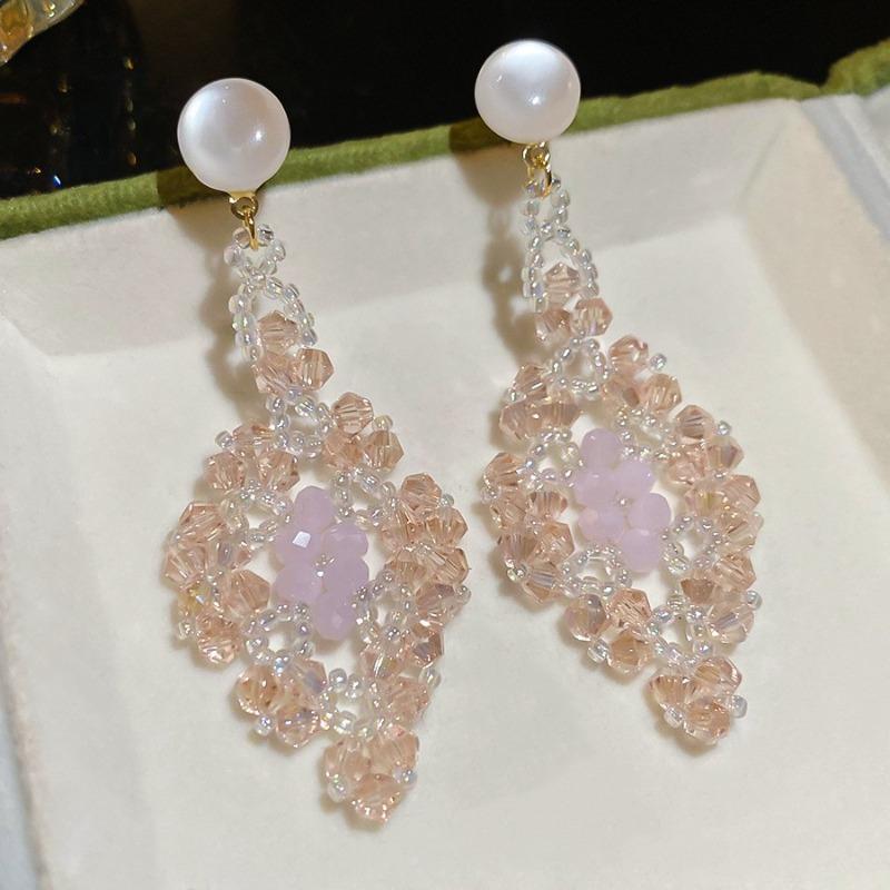 Silver Needle Pink Chiffon Flower Fringed Stud Earrings Small Fresh and Sweet Vacation Style Earrings Light Luxury High-end Earrings Women