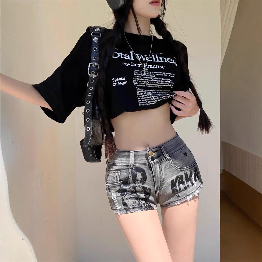 

Американские пикантные ретро джинсовые шорты с низкой посадкой: Женский принт для похудения, уличный стиль XL серый