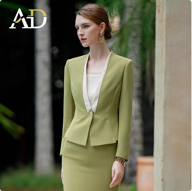 Women's Long Sleeve Collarless Suit Jacket Set - Spring/Autumn Workwear for Flight Attendants or Hotel Staff