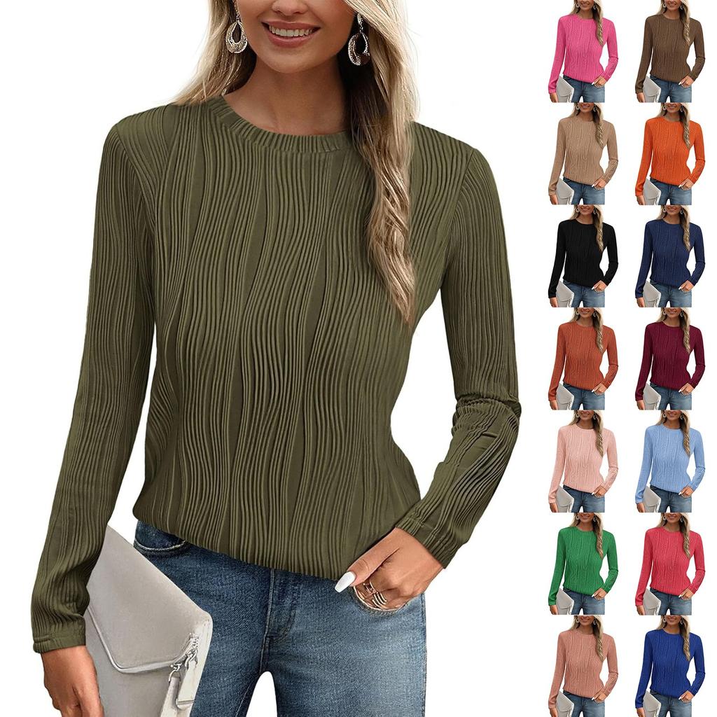 Women's Fashion Round Neck Long Sleeve T-Shirt Solid Color Textured Bottom Top
