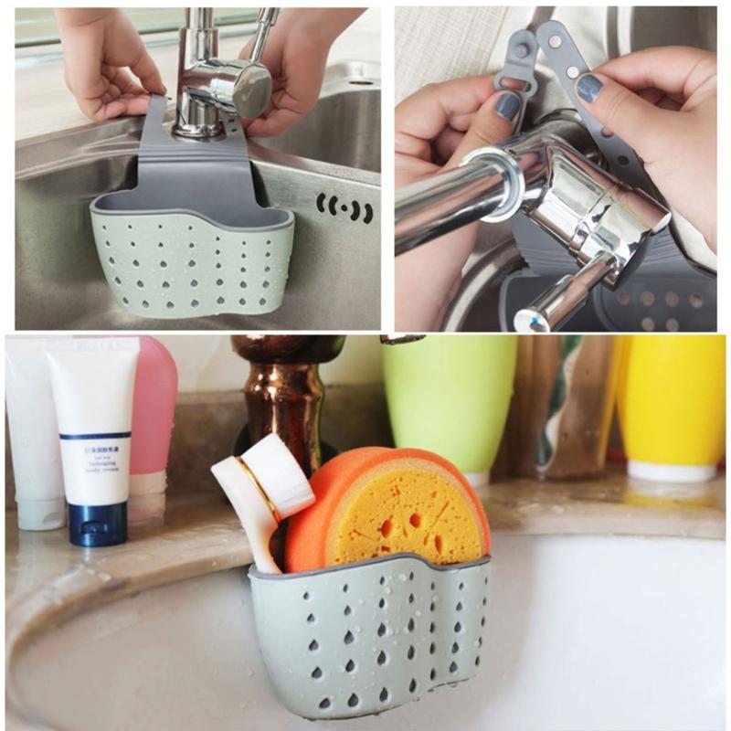 Faucet Hanging Basket Bag with Drain Holes Adjustable Strap Sponge and Cleaning Tool Holder Kitchen Accessories