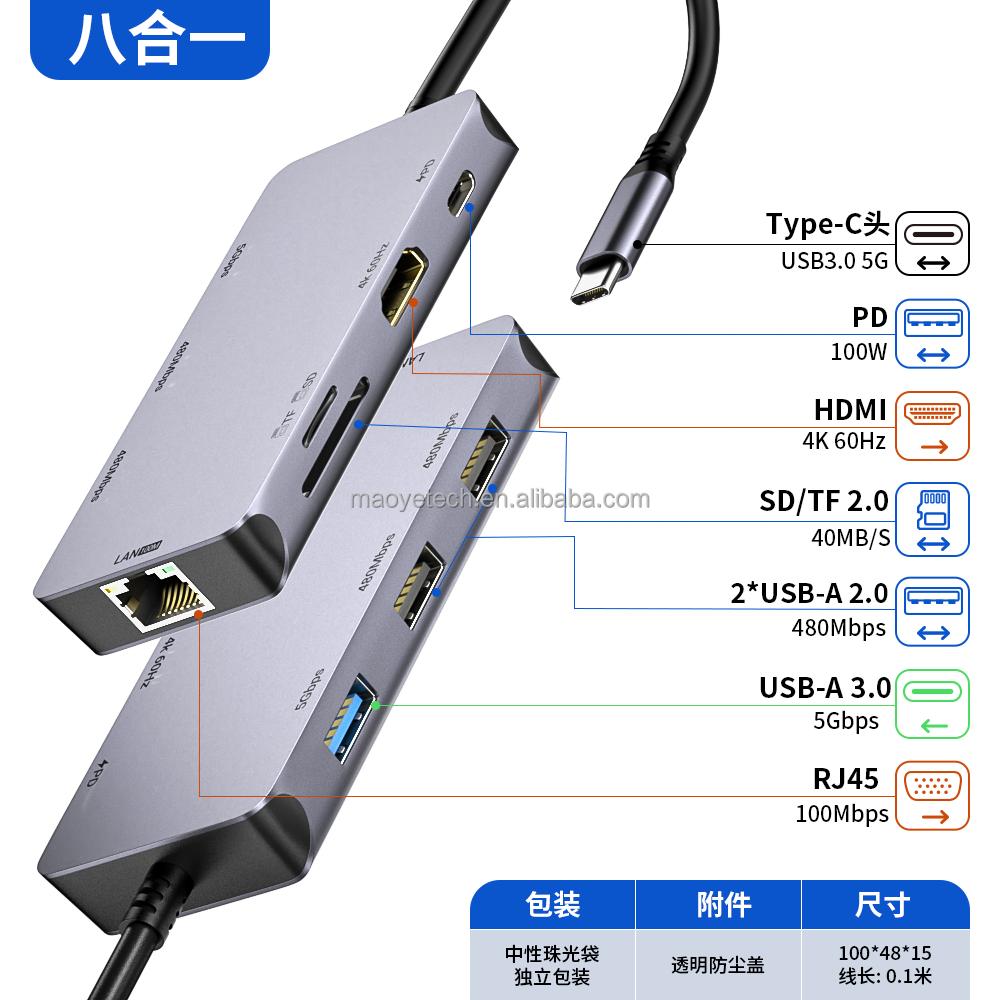 Quick Ship 8-in-1 Type C Hub Ethernet 4K HD SD TF Card Reader with PD 100W USB Port in Stock USB C Braided Docking Station