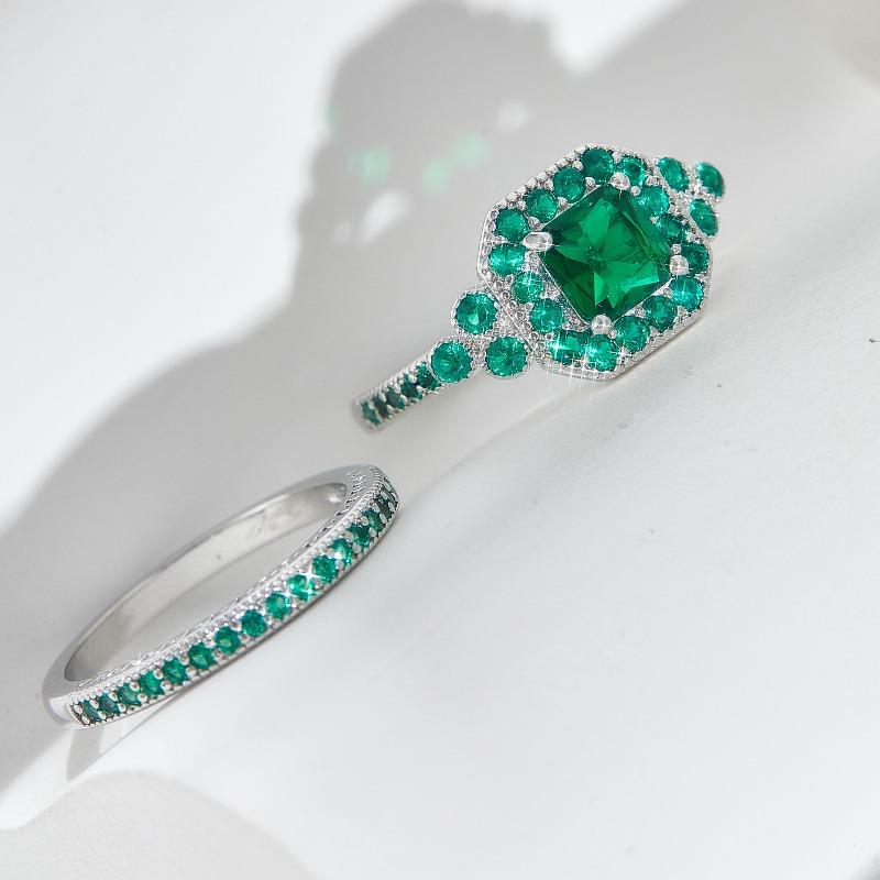 Luxury Female Green Zircon Stone Engagement Ring Set Cute Silver Color Wedding Jewelry for Women