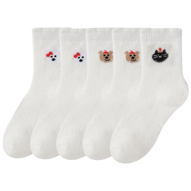 5Pairs Women's Cute Cartoon Pattern Mid-tube Socks Autumn Winter Thickened Warm Floor Socks