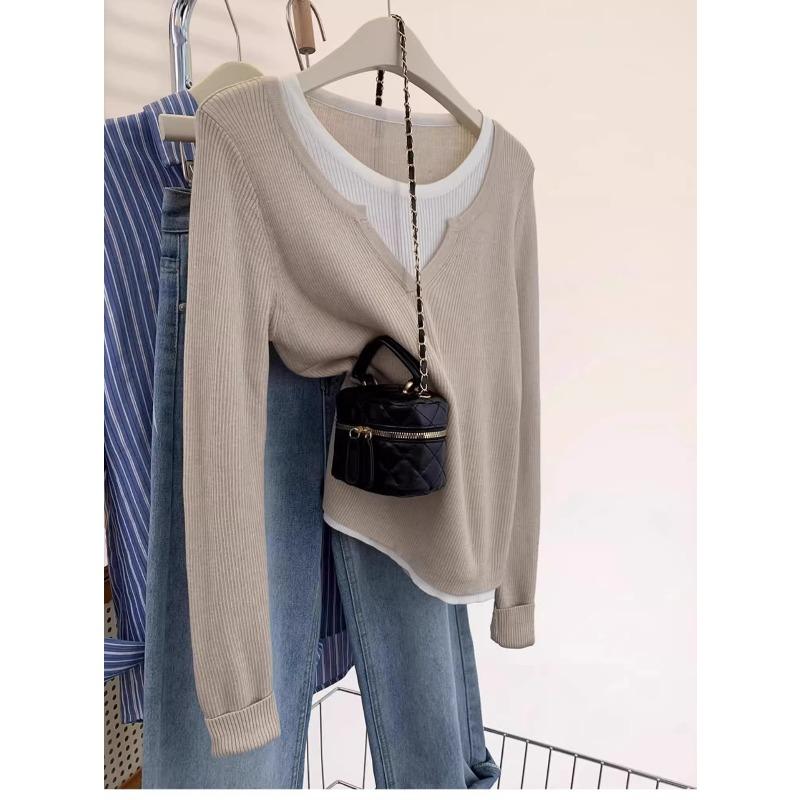

Collar contrasting fake two-piece long-sleeved shirt women s top autumn age-reducing inner with bottoming sweater L абрикосовий