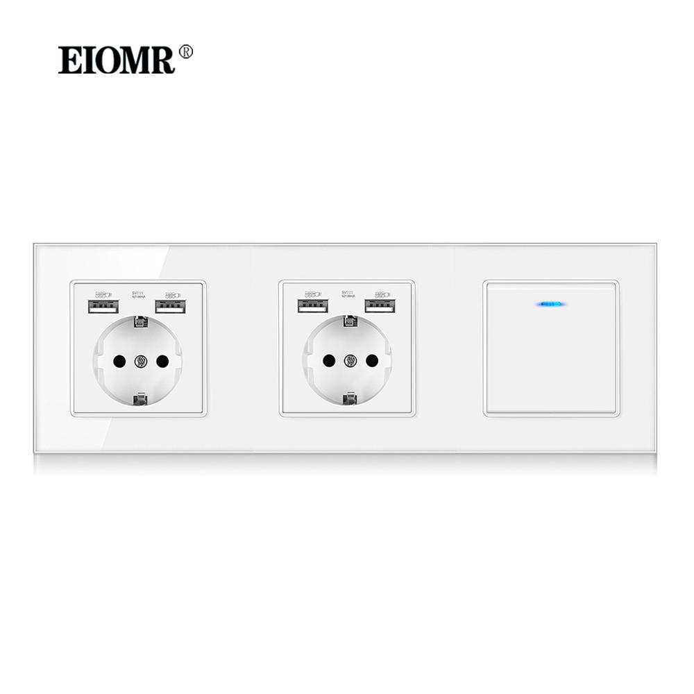 EIOMR EU Standard 16A Tempered Crystal Glass Panel Wall Socket Power Outlet Electrical Plug with Usb 5V 2100mA Ac110-250V White