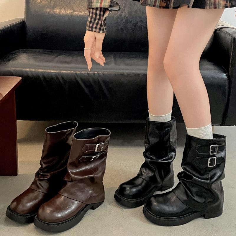Fashion Retro Style Women Half Boots 2025 Autumn Fashion Ladies Slip On Knight Boots Outside Comfortable Mid Heel Punk Women Boots