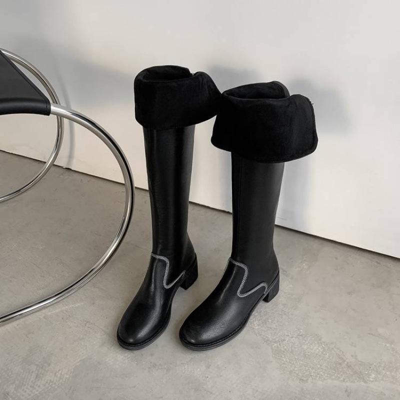 Autumn and Winter Women's Leather Boots Round Head Versatile Large Size Women's Boots Middle Heel Sleeve Square Heel Cowhide New Leather High Boots