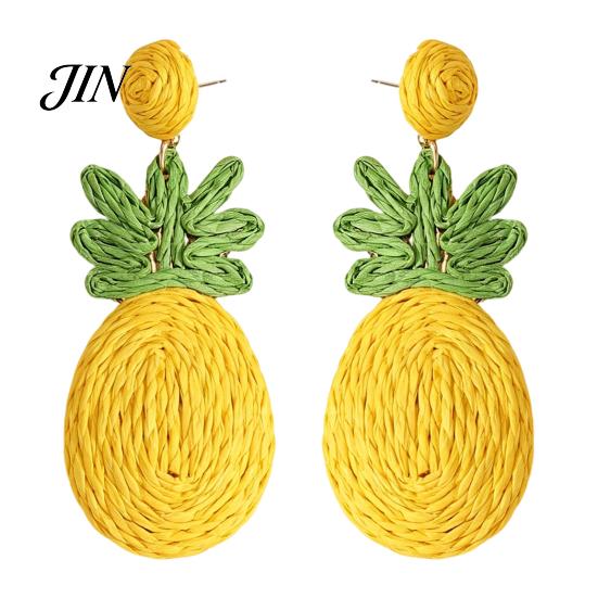 Three-dimensional Pineapple Earrings 1 Pair Handmade Raffia for Women, Boho Straw Hand-Woven Lightweight Tropical Dangle Earrings, Natural Rattan жёлтый