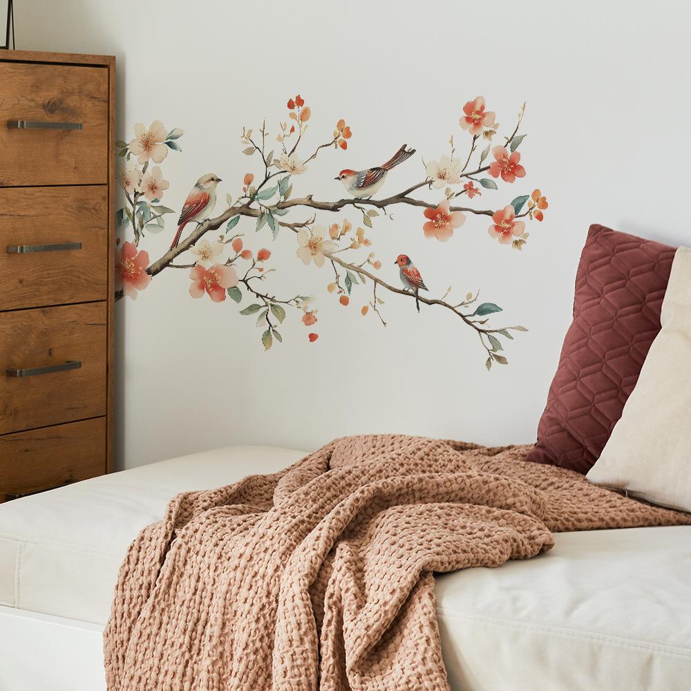 1pc Floral Bird Wall Decal - Removable PVC Sticker with Vibrant Flowers & Birds on Branches, Self-Adhesive Home Decor for Living Room, Bedroom