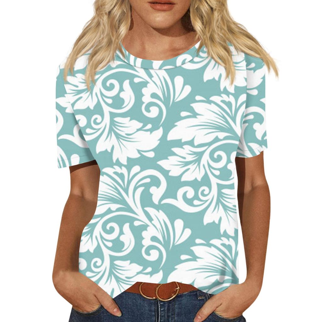 Damen Freizeit 3D Blumendruck Freizeit Kurzarm T-Shirt Pullover Rundhals Kurzarm Oberteil
