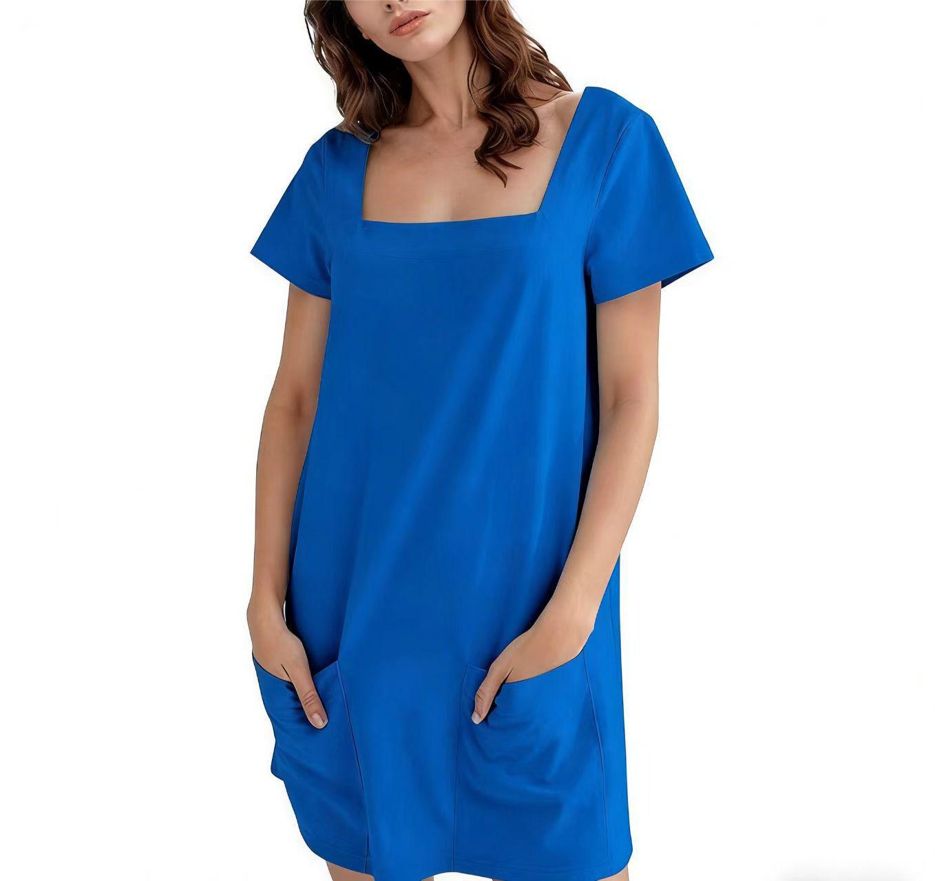 

European and American women s clothing square neck short-sleeved fashion short skirt pocket casual dress 2XL синій