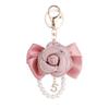 Luxury Fabric Camellia Bow Pearl Keychain Crystal Rhinestones Car Key Ring Handmade Flower Women's Bag Pendant