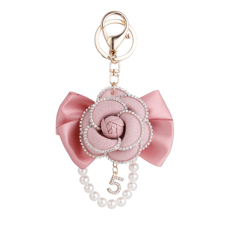 Luxury Fabric Camellia Bow Pearl Keychain Crystal Rhinestones Car Key Ring Handmade Flower Women's Bag Pendant
