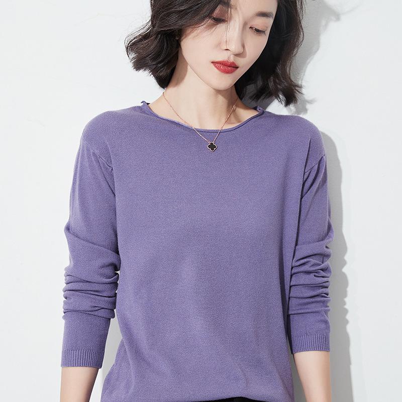 Autumn/Winter Women's Wool Sweater: Round & V-Neck, Rolled Edge, Long Sleeve, Thin Knit Top