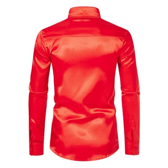 Men Shirt Lapel Long Sleeve Single Breasted Shirt Tops Pure Color Glossy Design Smooth Satin Shirt Versatile Daily Wear