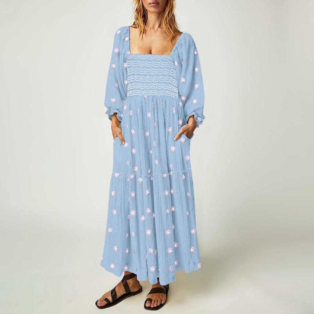 Herbst Damen Casual Kleid Quadrat Kragen Horn Ärmel Langen Rock Casual Und Sommer Maxi Kleider Für Frauen