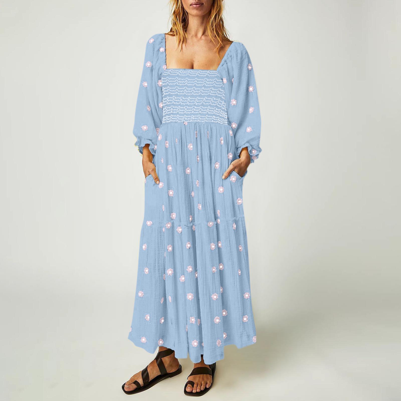 

Осеннее женское повседневное платье с квадратным воротником и роговыми рукавами, длинная юбка, повседневные и летние макси-платья для женщин M