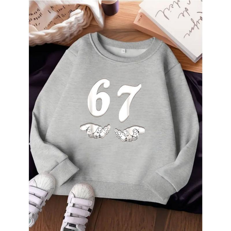 European Size Round Neck Sweatshirt - Cartoon Design with Number 67, Casual Long-Sleeve Top for Children, New Fashion for Spring And Autumn