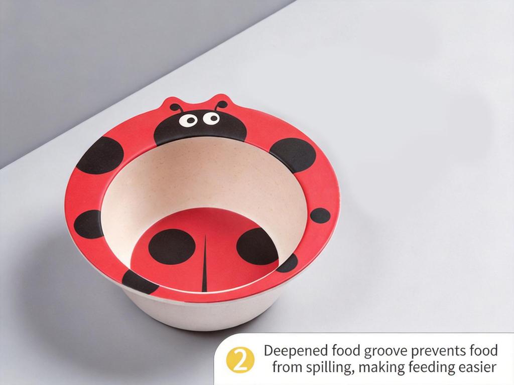 5-Piece Bamboo Fiber Children's Tableware Set: Cow & Ladybug Design with Plate, Bowl, Fork, and Spoon.