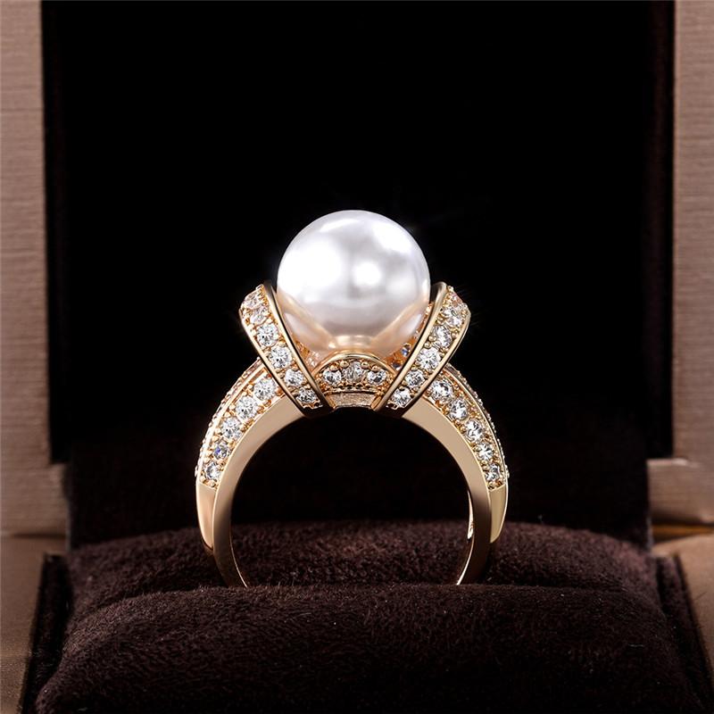 925 Sterling Silver Pearl Gold Color Wedding Rings Women Shiny CZ Romantic Marriage Ceremony Party Ring Fashion Accessories