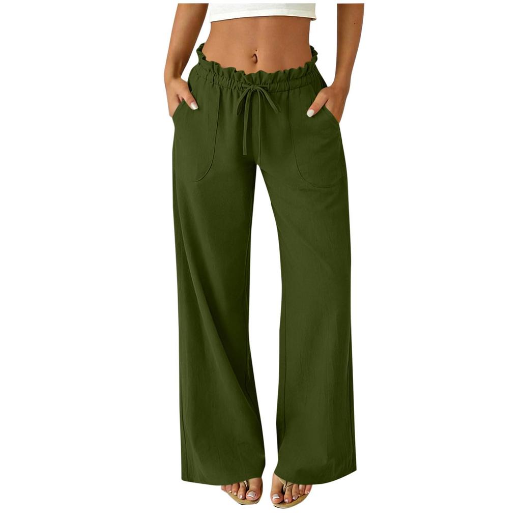 Women's Linen Palazzo Pants High Waist Wide Leg Casual Drawstring Loose Fit Summer Trousers with Pockets Lightweight Breathable Fabric