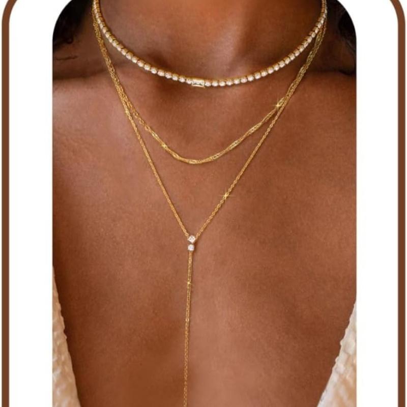 2-3pcs Women's Gold Necklace Stainless Steel Adjustable Choker Necklace CZ Pearl Pendant Chain Gold – with Jewellery Box
