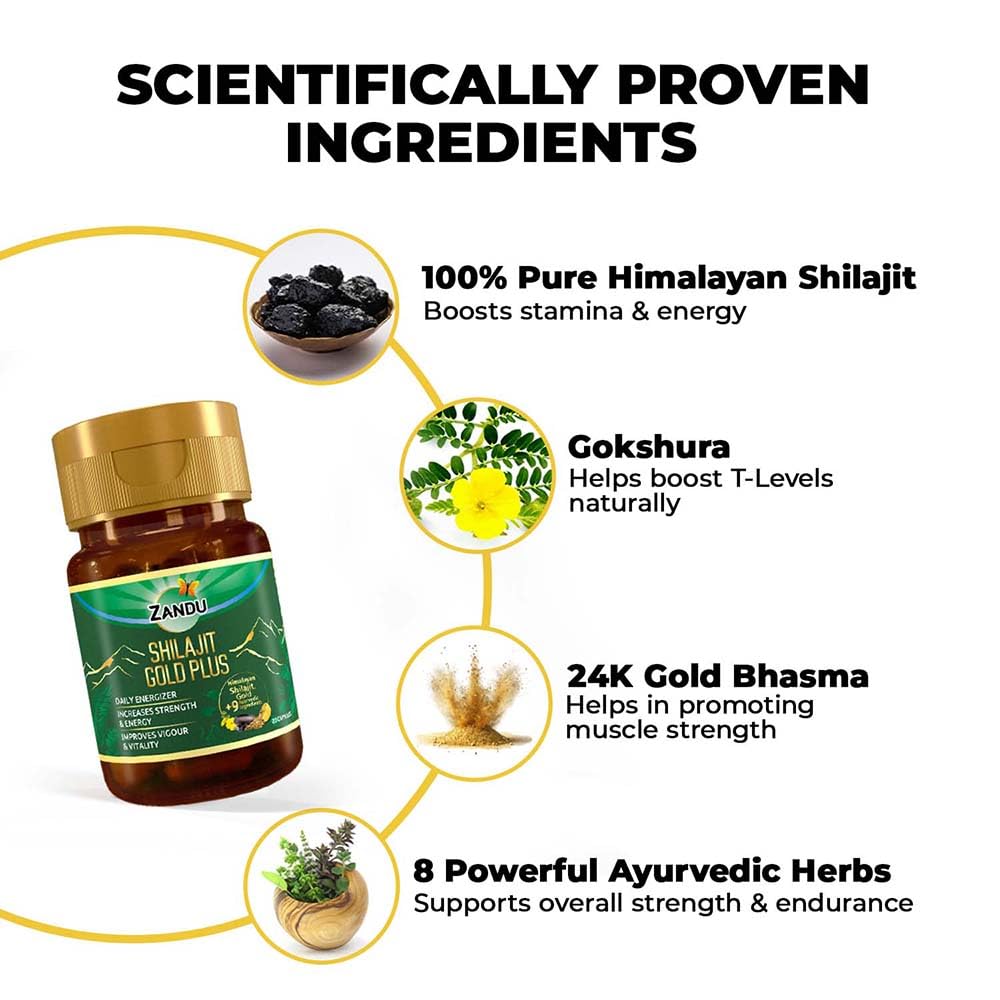 Zandu Shilajit Gold Plus Capsules With Himalayan Shilajit & Gold Bhasma For Energy Strength Stamina Support, 20 Capsules Pack Of 1