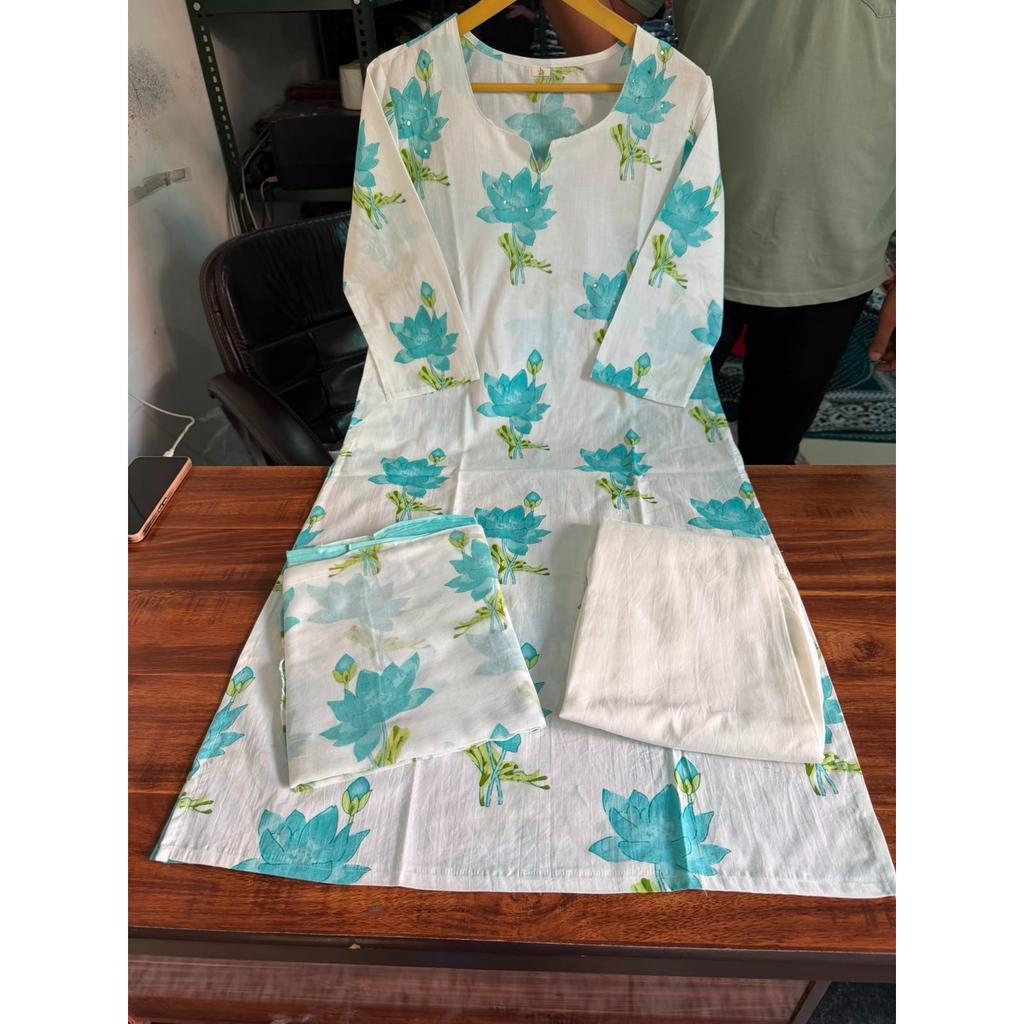 Beautiful Cotton Kurti Pant Dupatta Set Indian Bollywood Top Tunic Kurta Set