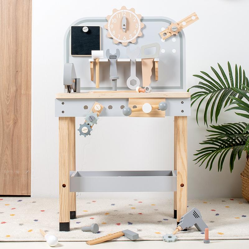 Drewniany symulowany stół narzędziowy do konserwacji, wkrętak do domku zabaw dla dzieci, nakrętka wiertarki elektrycznej, duża zabawka narzędziowa
