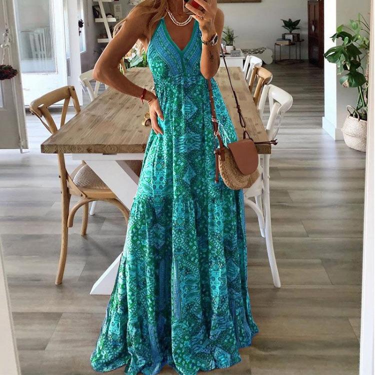 Women's Bohemian Floral Printed V-neck Long Skirt High Waisted Camisole Dress New Style