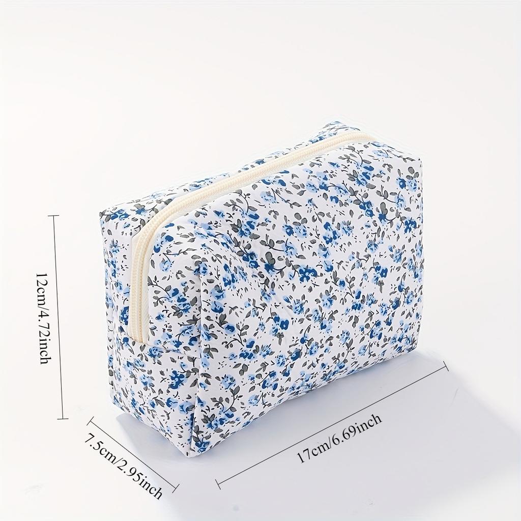1Pc Flower Printed Quilted Makeup Bag, Puffy Zipper Design, Large Capacity Cosmetic Organizer for Travel & Toiletries