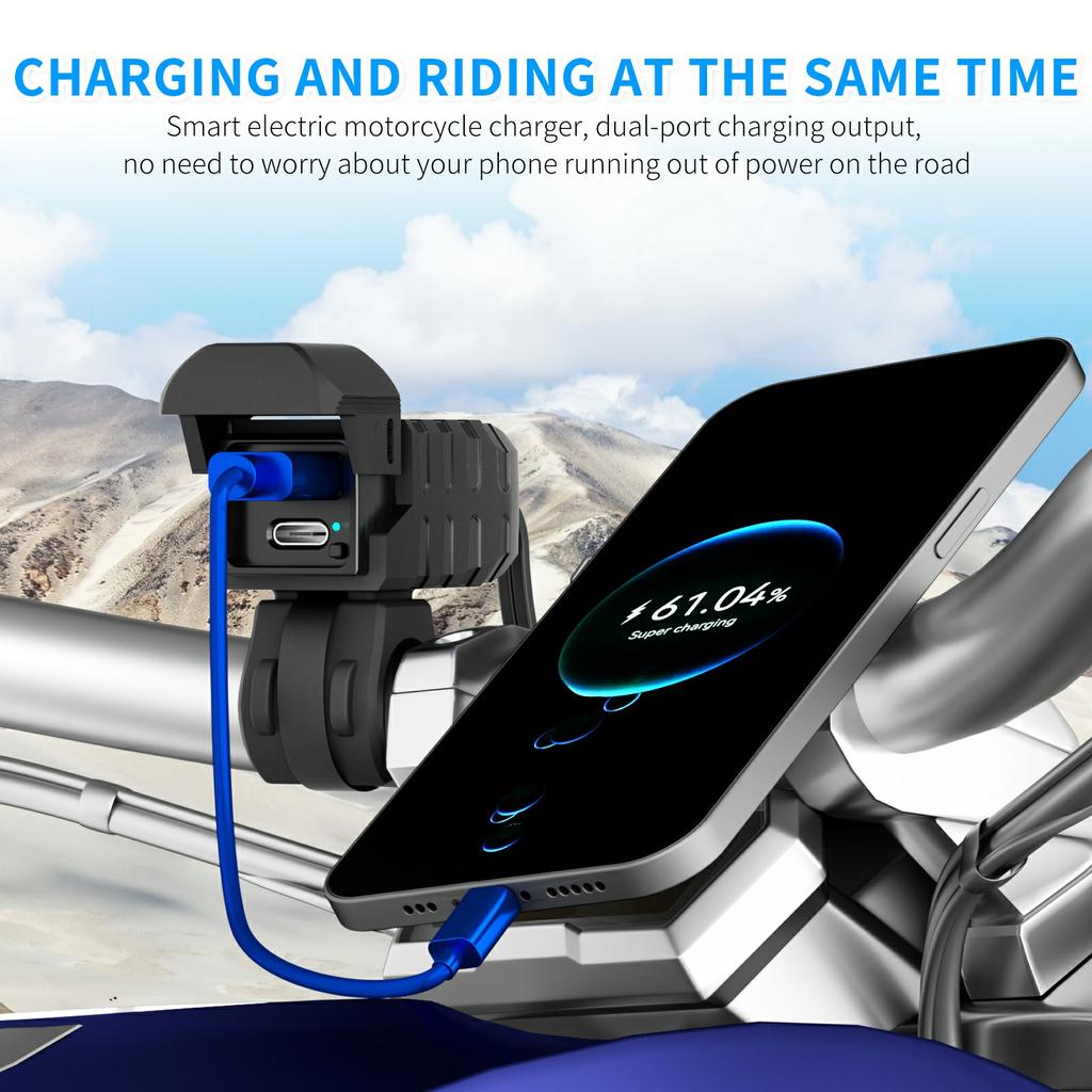 WUPP CS-2100A1 USB A+Type C Dual Port Fast Charging Motorcycle Phone Charger with LED Voltmeter