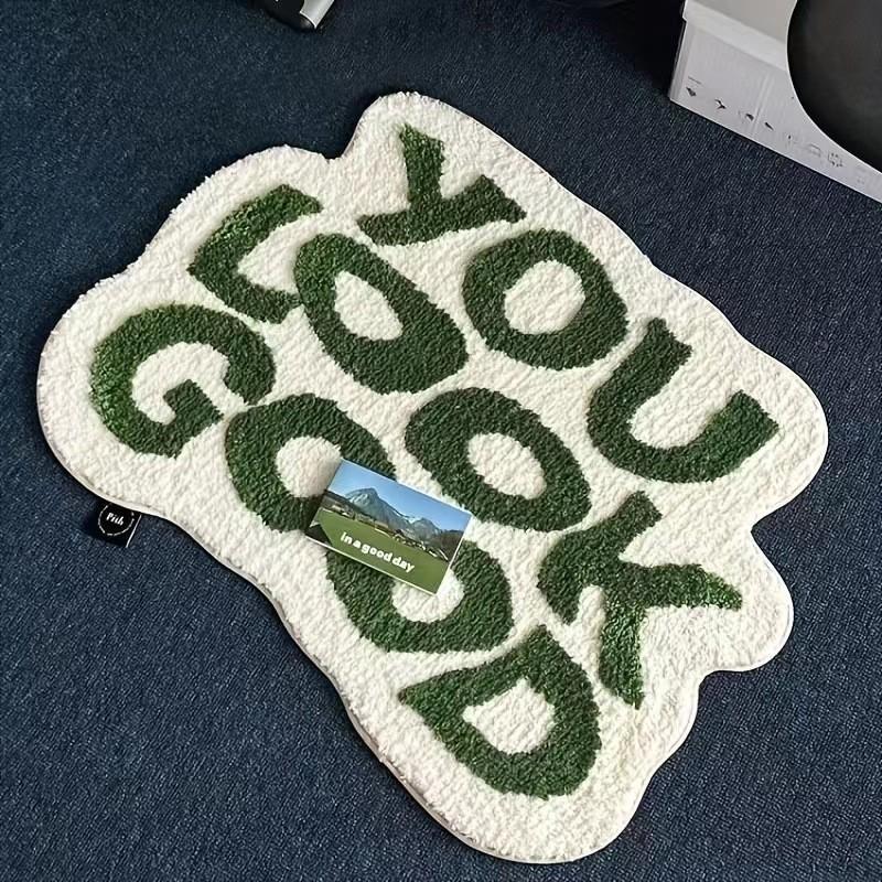 Fluffy Non-Slip Letter Pattern Area Rug Irregular Shape Soft Plush Floor Mat for Teen Bedroom Dorm Decor