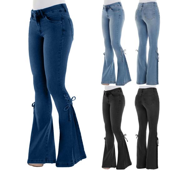 Plus Size Women Vintage Flare Jeans?Lace Up Bow Skinny Wide Leg Denim Pants