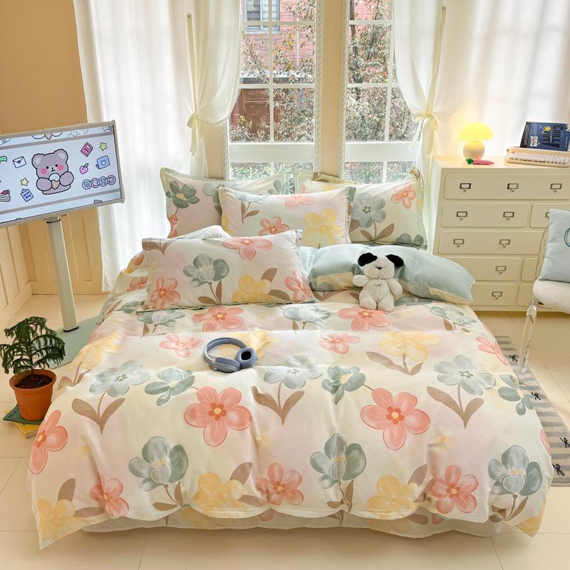 100% Cotton Bed Four-piece Set Skin-friendly Breathable Quilt Cover Bed Sheet Pillowcase Set Pastoral Small Flower