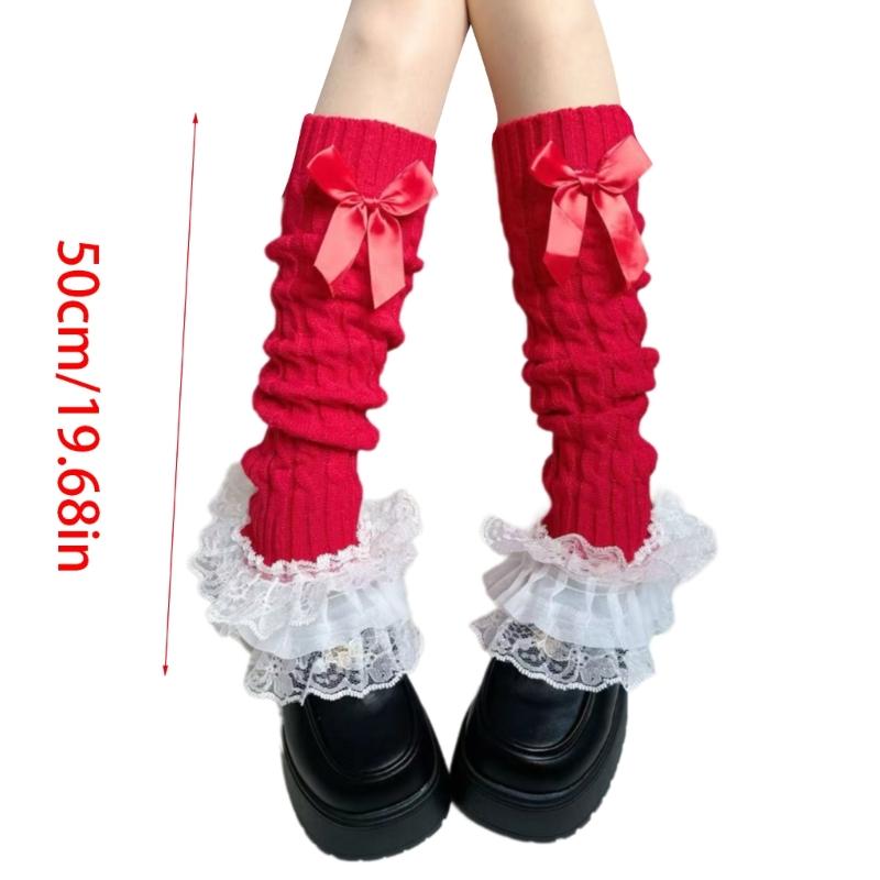 Cable Knit Leg Warmers Boot Cuffs with Bowknot Decorated Sweet Tiered Ruffled Lace Trim Leg Covers Calf Socks for Women