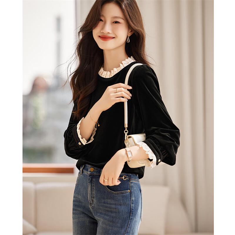 Elegant Velvet Long Sleeve Blouse with Lace Trim