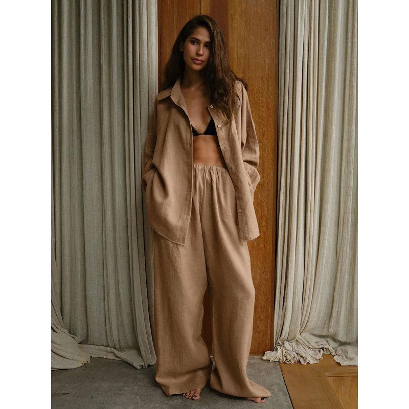 Tooxika Ladies Nova Camisa Solta de Algodão + Conjunto de Calças Largas