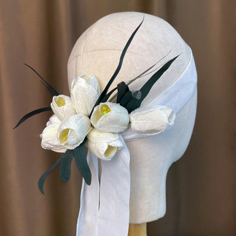 Fashion Ribbon Brides Hairband Elegant Red Flower Hairpins Handmade Tulip Headdress Wedding