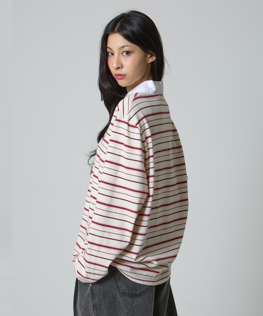 UNKNOWN PLANET Ivy Stripe Rugby Collar Shirt Pink