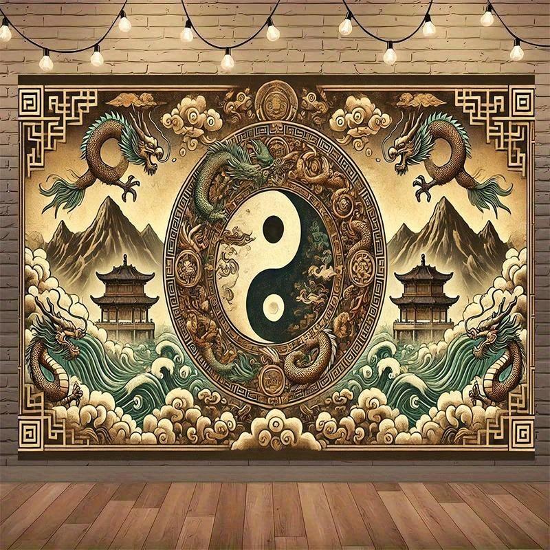 Chinese Dragon Yin Yang Tapestry 2D Flat Printing Tai Chi Feng Shui Wall Hanging For Living Room Bedroom Asian Style Home Decor