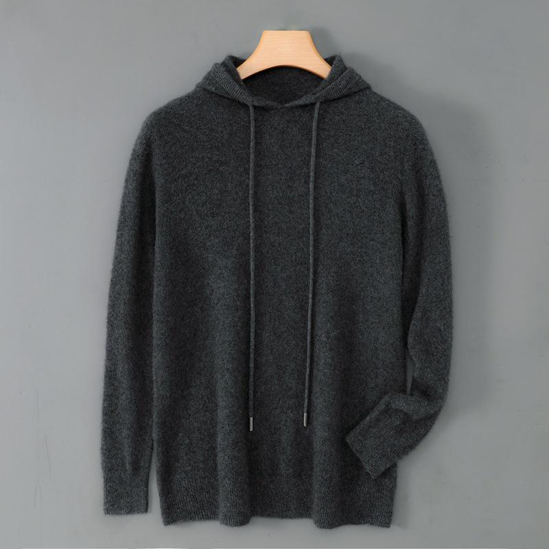 Men s Hooded 100% Pure Wool Sweater - Thick, Warm, Solid Color, Versatile Winter Knit. L
