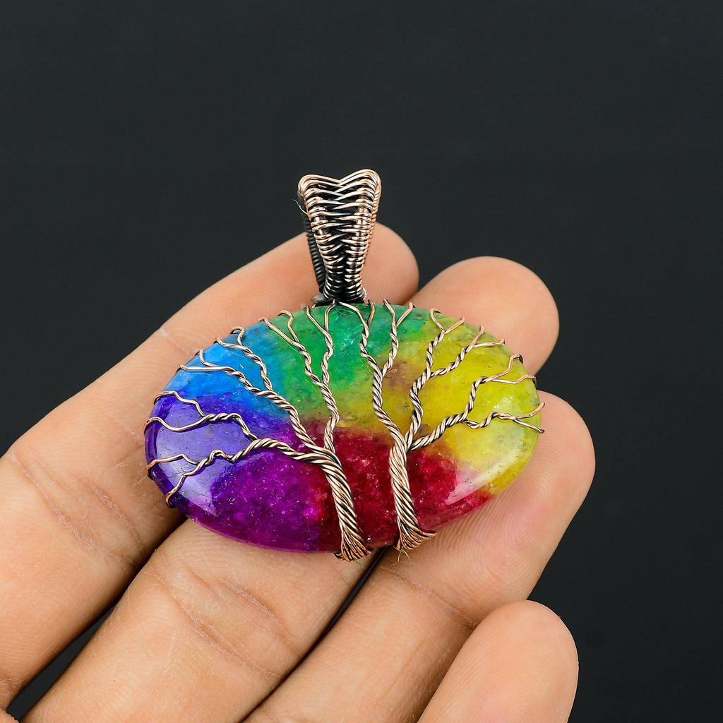 Double Tree Of Life Rainbow Solar Quartz Gemstone Copper Wire Wrap Handmade Pendant Indian Jewelry