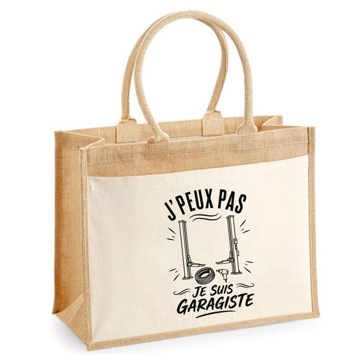 Sac Cabas Jute avec Poche J’peux pas je suis Garagiste J'peux pas minimaliste | Toile de Jute et Coton 21 L Fond Plat Anses 65 cm