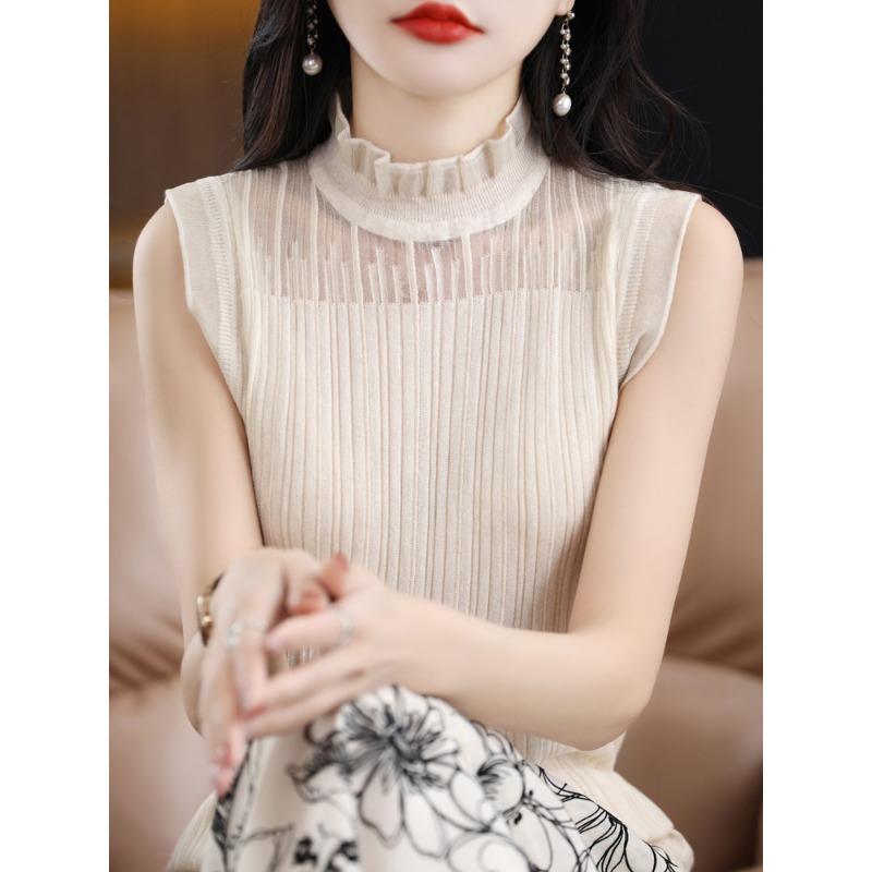 

Новые женские топы без рукавов с оборками и воротником-стойкой, летние однотонные жилеты на подтяжках для женщин, повседневные простые кружевные рубашки для женщин 3094 One Size абрикосовый