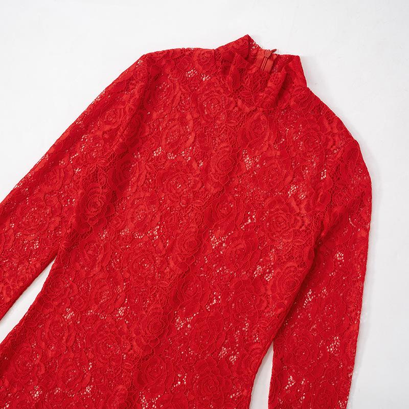 2025 Spring Mesh Lace High Neck Long Sleeve Women's Slim Fit Evening Gown